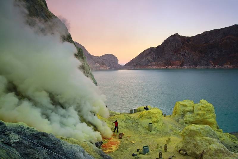 Extracting sulphur inside kawah ijen crater.